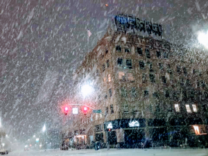 Photo of the Bellingham Herald building during a blizzard